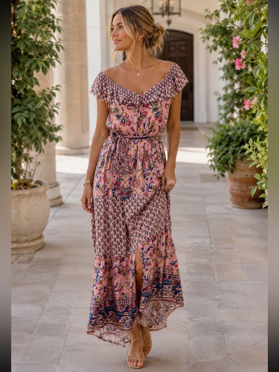 Anthropologie Dresses & Skirts - Anthropologie Farmers Market Pink Floral Off Shoulder Maxi Dress Large Boho